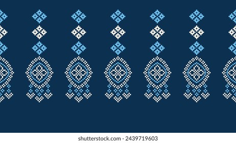 Traditional ethnic motifs ikat geometric fabric pattern cross stitch.Ikat embroidery Ethnic oriental Pixel navy blue background. Abstract,vector,illustration. Texture,scarf,decoration,wallpaper.