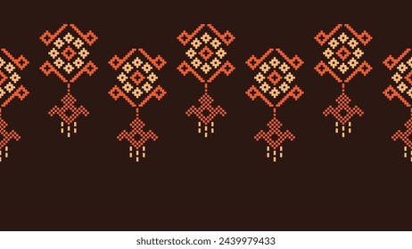 Traditional ethnic motifs ikat geometric fabric pattern cross stitch.Ikat embroidery Ethnic oriental Pixel brown background. Abstract,vector,illustration. Texture,scarf,decoration,wallpaper.