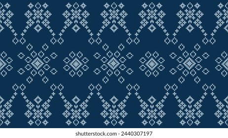 Traditional ethnic motifs ikat geometric fabric pattern cross stitch.Ikat embroidery Ethnic oriental Pixel navy blue background. Abstract,vector,illustration. Texture,scarf,decoration,wallpaper.