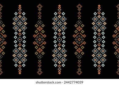 Traditional ethnic motifs ikat geometric fabric pattern cross stitch.Ikat embroidery Ethnic oriental Pixel black background.Abstract,vector,illustration. Texture,scarf,decoration,wallpaper.