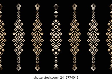 Traditional ethnic motifs ikat geometric fabric pattern cross stitch.Ikat embroidery Ethnic oriental Pixel black background.Abstract,vector,illustration. Texture,scarf,decoration,wallpaper.
