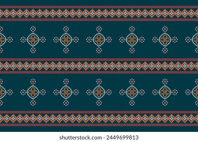 Traditional ethnic motifs ikat geometric fabric pattern cross stitch.Ikat embroidery Ethnic oriental Pixel navy blue background. Abstract,vector,illustration. Texture,scarf,decoration,wallpaper.