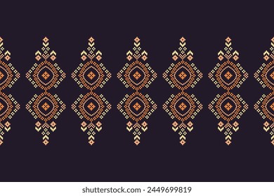 Traditional ethnic motifs ikat geometric fabric pattern cross stitch.Ikat embroidery Ethnic oriental Pixel navy blue background. Abstract,vector,illustration. Texture,scarf,decoration,wallpaper.