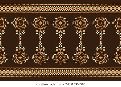Traditional ethnic motifs ikat geometric fabric pattern cross stitch.Ikat embroidery Ethnic oriental Pixel brown background. Abstract,vector,illustration. Texture,scarf,decoration,wallpaper.