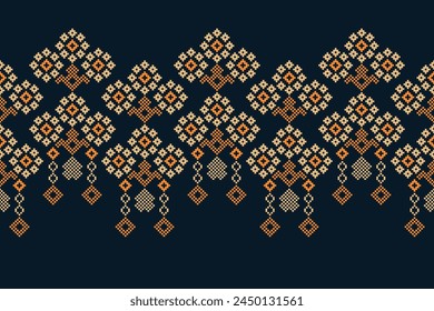 Traditional ethnic motifs ikat geometric fabric pattern cross stitch.Ikat embroidery Ethnic oriental Pixel navy blue background. Abstract,vector,illustration. Texture,scarf,decoration,wallpaper.