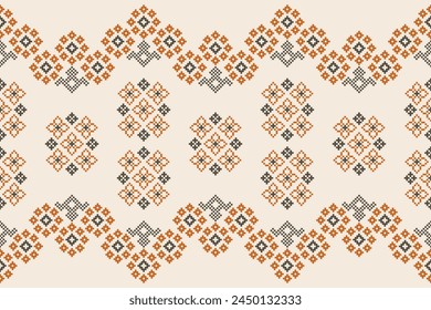 Traditional ethnic motifs ikat geometric fabric pattern cross stitch.Ikat embroidery Ethnic oriental Pixel brown cream background. Abstract,vector,illustration. Texture,scarf,decoration,wallpaper.