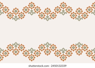 Traditional ethnic motifs ikat geometric fabric pattern cross stitch.Ikat embroidery Ethnic oriental Pixel brown cream background. Abstract,vector,illustration. Texture,scarf,decoration,wallpaper.