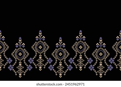 Traditional ethnic motifs ikat geometric fabric pattern cross stitch.Ikat embroidery Ethnic oriental Pixel black background.Abstract,vector,illustration. Texture,scarf,decoration,wallpaper.
