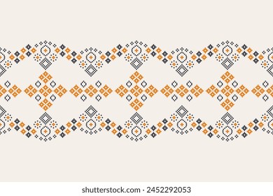 Traditional ethnic motifs ikat geometric fabric pattern cross stitch.Ikat embroidery Ethnic oriental Pixel brown cream background. Abstract,vector,illustration. Texture,scarf,decoration,wallpaper.
