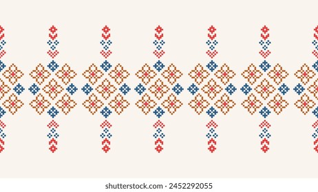 Traditional ethnic motifs ikat geometric fabric pattern cross stitch.Ikat embroidery Ethnic oriental Pixel brown cream background. Abstract,vector,illustration. Texture,scarf,decoration,wallpaper.