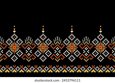 Traditional ethnic motifs ikat geometric fabric pattern cross stitch.Ikat embroidery Ethnic oriental Pixel brown background. Abstract,vector,illustration. Texture,scarf,decoration,wallpaper.