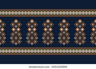 Traditional ethnic motifs ikat geometric fabric pattern cross stitch.Ikat embroidery Ethnic oriental Pixel navy blue background. Abstract,vector,illustration. Texture,decoration,wallpaper.