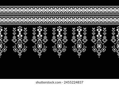 Traditional ethnic motifs ikat geometric fabric pattern cross stitch.Ikat embroidery Ethnic oriental Pixel black background.Abstract,vector,illustration. Texture,scarf,decoration,wallpaper.