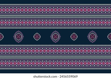 Traditional ethnic motifs ikat geometric fabric pattern cross stitch.Ikat embroidery Ethnic oriental Pixel navy blue background. Abstract,vector,illustration. Texture,decoration,wallpaper.