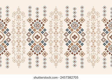 Traditional ethnic motifs ikat geometric fabric pattern cross stitch.Ikat embroidery Ethnic oriental Pixel brown cream background. Abstract,vector,illustration. Texture,scarf,decoration,wallpaper.