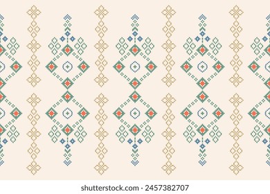 Traditional ethnic motifs ikat geometric fabric pattern cross stitch.Ikat embroidery Ethnic oriental Pixel brown cream background. Abstract,vector,illustration. Texture,scarf,decoration,wallpaper.