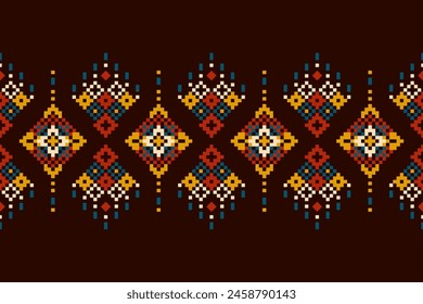 Traditional ethnic motifs ikat geometric fabric pattern cross stitch.Ikat embroidery Ethnic oriental Pixel brown background. Abstract,vector,illustration. Texture,scarf,decoration,wallpaper.