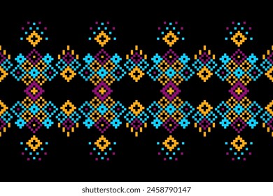 Traditional ethnic motifs ikat geometric fabric pattern cross stitch.Ikat embroidery Ethnic oriental Pixel brown background. Abstract,vector,illustration. Texture,scarf,decoration,wallpaper.