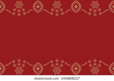 Traditional ethnic motifs ikat geometric fabric pattern cross stitch.Ikat embroidery Ethnic oriental Pixel red background. Abstract,vector,illustration. Texture,christmas,decoration,wallpaper.