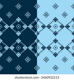 Traditional ethnic motifs ikat geometric fabric pattern cross stitch.Ikat embroidery Ethnic oriental Pixel navy blue background. Abstract,vector,illustration. Texture,decoration,wallpaper.