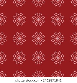 Traditional ethnic motifs ikat geometric fabric pattern cross stitch.Ikat embroidery Ethnic oriental Pixel red background. Abstract,vector,illustration. Texture,christmas,decoration,wallpaper.