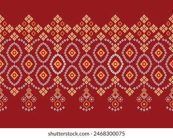 Traditional ethnic motifs ikat geometric fabric pattern cross stitch.Ikat embroidery Ethnic oriental Pixel red background. Abstract,vector,illustration. Texture,christmas,decoration,wallpaper.