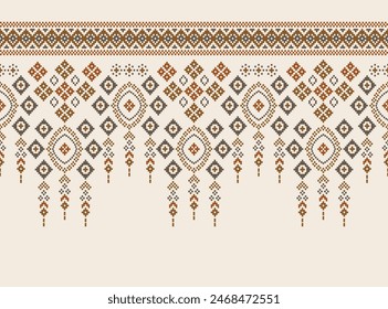 Motivos étnicos tradicionales ikat patrón de tela geométrica punto de cruz. Bordado Ikat Etnia oriental Pixel fondo de crema marrón. Abstractas,Vector,ilustración. Textura, bufanda, decoración, Fondo de pantalla.