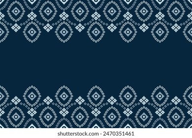 Traditional ethnic motifs ikat geometric fabric pattern cross stitch.Ikat embroidery Ethnic oriental Pixel blue background. Abstract,vector,illustration. Texture,decoration,wallpaper.