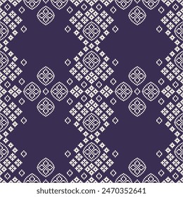 Traditionelle ethnische Motive ikat geometrische Stoffmuster Kreuzstich.Ikat Stickerei Ethnisch orientalisch Pixel violett Hintergrund. Abstrakt, Vektorgrafik, Illustration. Textur, Schal, Dekoration, Bildschirmhintergrund.