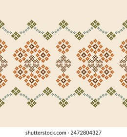 Traditional ethnic motifs ikat geometric fabric pattern cross stitch.Ikat embroidery Ethnic oriental Pixel brown cream background. Abstract,vector,illustration. Texture,scarf,decoration,wallpaper.