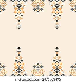 Traditional ethnic motifs ikat geometric fabric pattern cross stitch.Ikat embroidery Ethnic oriental Pixel brown cream background. Abstract,vector,illustration. Texture,scarf,decoration,wallpaper.
