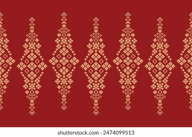 Traditional ethnic motifs ikat geometric fabric pattern cross stitch.Ikat embroidery Ethnic oriental Pixel red background. Abstract,vector,illustration. Texture,christmas,decoration,wallpaper.