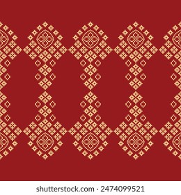 Traditional ethnic motifs ikat geometric fabric pattern cross stitch.Ikat embroidery Ethnic oriental Pixel red background. Abstract,vector,illustration. Texture,christmas,decoration,wallpaper.