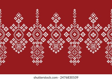 Traditional ethnic motifs ikat geometric fabric pattern cross stitch.Ikat embroidery Ethnic oriental Pixel red background. Abstract,vector,illustration. Texture,christmas,decoration,wallpaper.