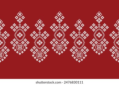 Traditional ethnic motifs ikat geometric fabric pattern cross stitch.Ikat embroidery Ethnic oriental Pixel red background. Abstract,vector,illustration. Texture,christmas,decoration,wallpaper.