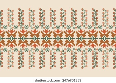 Traditional ethnic motifs ikat geometric fabric pattern cross stitch.Ikat embroidery Ethnic oriental Pixel brown cream background. Abstract, vector, illustration. Texture, scarf,decoration, wallpaper.