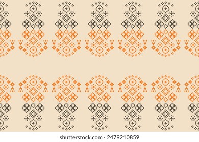 Traditional ethnic motifs ikat geometric fabric pattern cross stitch.Ikat embroidery Ethnic oriental Pixel brown cream background. Abstract,vector,illustration. Texture,scarf,decoration,wallpaper.