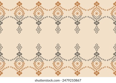 Traditional ethnic motifs ikat geometric fabric pattern cross stitch.Ikat embroidery Ethnic oriental Pixel brown cream background. Abstract,vector,illustration. Texture,scarf,decoration,wallpaper.