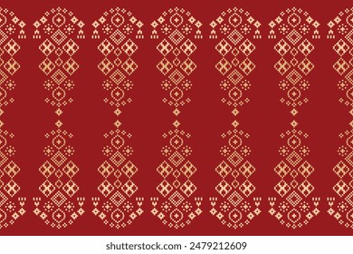 Traditional ethnic motifs ikat geometric fabric pattern cross stitch.Ikat embroidery Ethnic oriental Pixel red background. Abstract,vector,illustration. Texture,christmas,decoration,wallpaper.