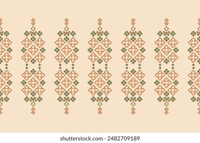 Traditional ethnic motifs ikat geometric fabric pattern cross stitch.Ikat embroidery Ethnic oriental Pixel brown cream background. Abstract,vector,illustration. Texture,scarf,decoration,wallpaper.