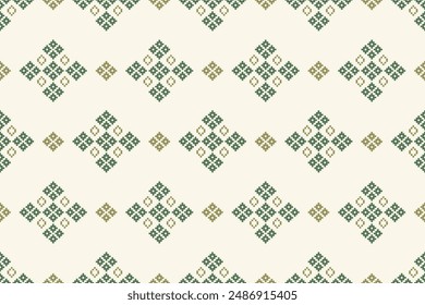 Traditional ethnic motifs ikat geometric fabric pattern cross stitch.Ikat embroidery Ethnic oriental Pixel brown cream label background. Abstract,vector,illustration. Texture,decoration,wallpaper.