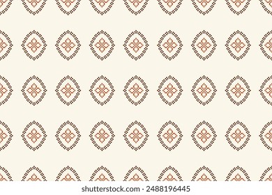 Traditional ethnic motifs ikat geometric fabric pattern cross stitch.Ikat embroidery Ethnic oriental Pixel brown cream label background. Abstract,vector,illustration. Texture,decoration,wallpaper.