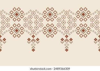 Motivos étnicos tradicionales ikat patrón de tela geométrica punto de cruz. Ikat bordado Étnico oriental Pixel marrón crema etiqueta de fondo. Abstractas,Vector,ilustración. Textura, decoración, Fondo de pantalla.