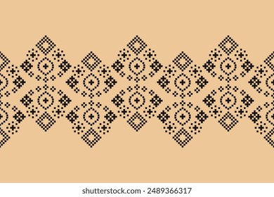 Traditional ethnic motifs ikat geometric fabric pattern cross stitch.Ikat embroidery Ethnic oriental Pixel brown cream label background. Abstract,vector,illustration. Texture,decoration,wallpaper.