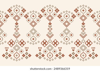 Traditional ethnic motifs ikat geometric fabric pattern cross stitch.Ikat embroidery Ethnic oriental Pixel brown cream label background. Abstract,vector,illustration. Texture,decoration,wallpaper.