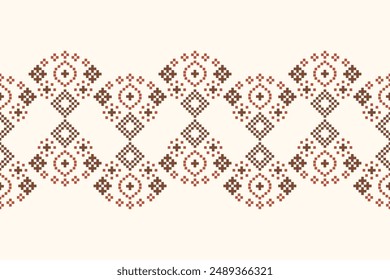 Traditional ethnic motifs ikat geometric fabric pattern cross stitch.Ikat embroidery Ethnic oriental Pixel brown cream label background. Abstract,vector,illustration. Texture,decoration,wallpaper.