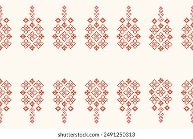 Traditional ethnic motifs ikat geometric fabric pattern cross stitch.Ikat embroidery Ethnic oriental Pixel brown cream label background. Abstract,vector,illustration. Texture,decoration,wallpaper.