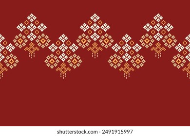 Traditional ethnic motifs ikat geometric fabric pattern cross stitch.Ikat embroidery Ethnic oriental Pixel red background. Abstract,vector,illustration. Texture,christmas,decoration,wallpaper.