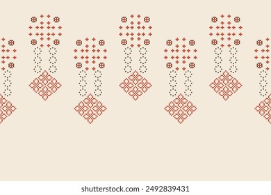 Traditional ethnic motifs ikat geometric fabric pattern cross stitch.Ikat embroidery Ethnic oriental Pixel brown cream label background. Abstract,vector,illustration. Texture,decoration,wallpaper.