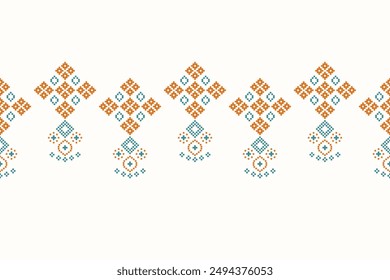 Traditional ethnic motifs ikat geometric fabric pattern cross stitch.Ikat embroidery Ethnic oriental Pixel brown cream label background. Abstract,vector,illustration. Texture,decoration,wallpaper.